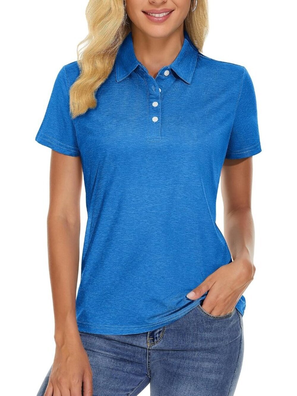 Women Sea Blue Short Sleeve Golf Shirts 4-Button Quick Dry Collared Top for Gym